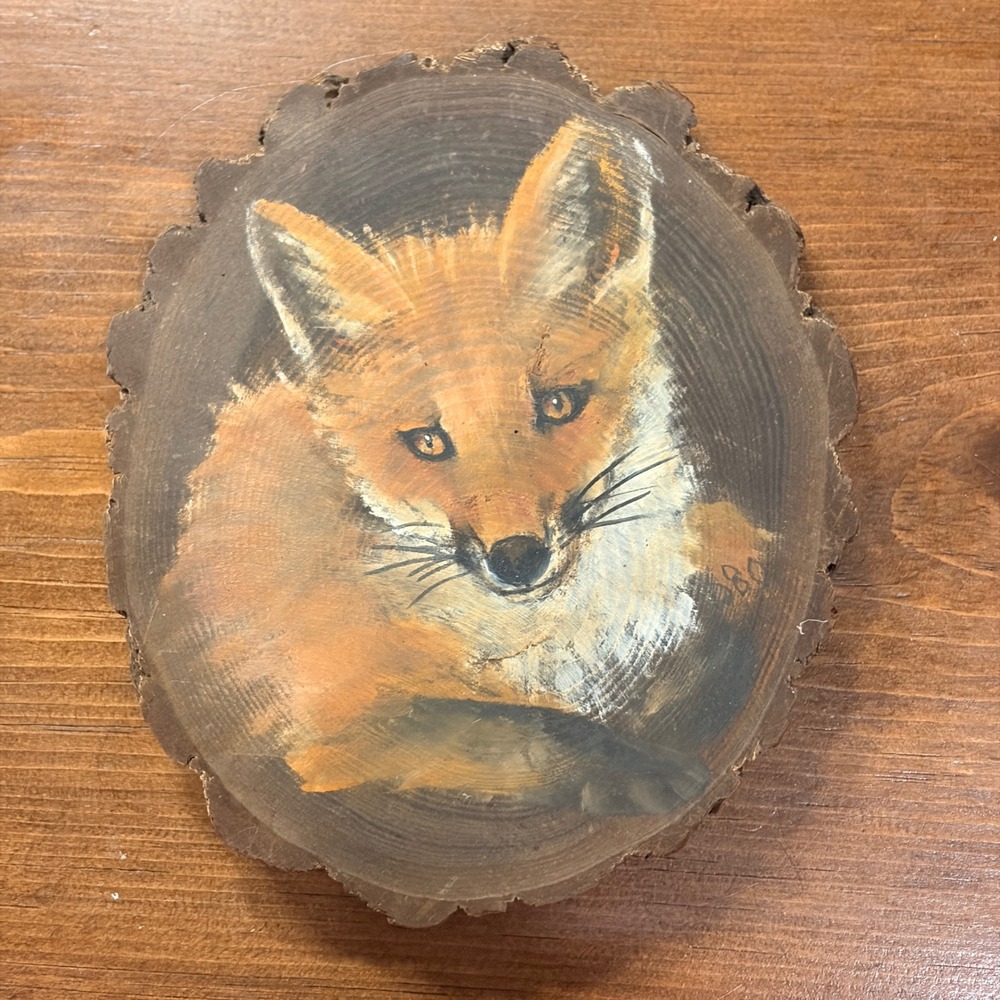 Vintage Dorothy Phelps Hand Painted Red Fox Wood Slice Art 1980 Rustic Folk Art